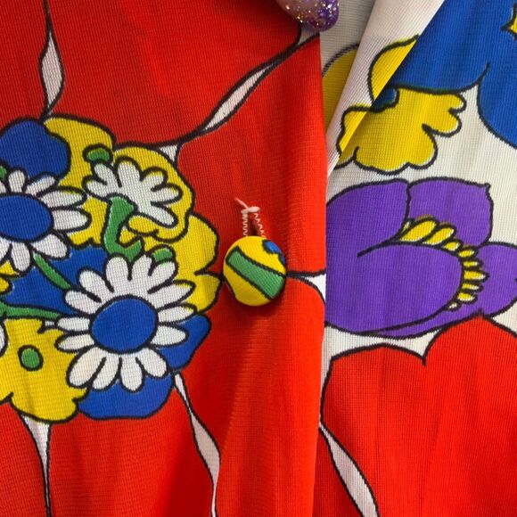 Vintage 70’s Psychedelic Bright Floral Print Sheer House Lounge Dress Groovy Mod - Picture 8 of 11